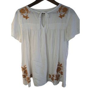 Ann Taylor Loft white cotton top with orange floral embroidery sz XS